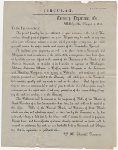 Circular, Treasury Dept., Georgia. To Tax Collectors. Regarding settlement of your accounts... W. H. Mitchell, Treasurer