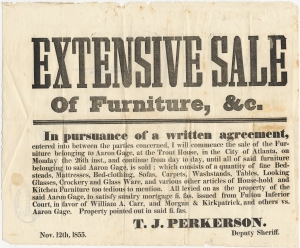 Extensive sale of furniture...belonging to Aaron Gage at the Trout House in the City of Atlanta... T. J. Perkerson, Deputy Sheriff