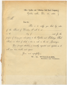 Office Opelika and Talladega Railroad Company [form letter] ... W. G. Williams
