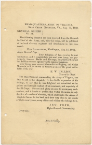 Headquarters, Army of Virginia, Near Cedar Mountain Va. Aug. 16, 1862. General Orders no. 21 [Army of Virginia ... victory at Cedar Mountain]