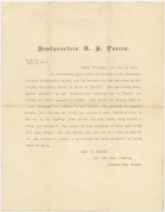 Headquarters U.S. forces. General order no. 1. Camp "Finnegan," Fla. Feb. 25, 1864 [high admiration for the Independent Battalion Massachusetts Cavalry during the Battle of "Olustee"]