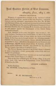 Headquarters District of West Tennessee. Memphis, Tenn. May 5, 1865. Proclamation [atrocious murder of late President Abraham Lincoln and attempted assassination of Hon. Wm. H. Seward was incited and concocted by Jeff Davis and Jacob Thompson, Clement C. Clay, Beverly Tucker, Geo. Sanders, and W. C. Cleary]