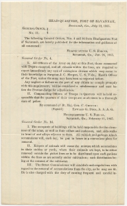 Headquarters, Post of Savannah, Savannah, Ga., July 12, 1865. General order no. 11. requirement to report any case of contagious disease; occupants of buildings held responsible for cleanness of the same; keepers of animals will cause manure to be removed outside of picket lines