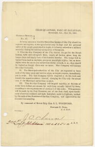 Headquarters, Post of Savannah, Savannah, Ga., June 21, 1865. General order no. 47. Street Gas Lamps of this City should be repaired and lighted