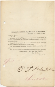Headquarters, Sub-District of Ogeechee, Savannah, Ga., August 15, 1865, General Order No. 23. no carts, wagons, or conveyances will be allowed to assemble in the vicinity of the Public Market except during market hours