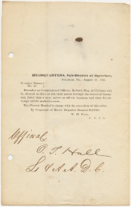 Headquarters, Sub-District of Ogeechee, Savannah, Ga., August 28, 1865. General order no. 27. no commissioned officer, enlisted men, or civilians will be allowed to drive or ride horses through the streets of Savannah faster than a trot unless on official business...
