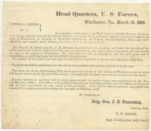 Headquarters, U.S. Forces, Winchester, Va., March 13, 1865. General orders no. 6. [Marcus Spotts and S. M. Mullen are authorized to establish a market; wood lot on Martinsburg Pike is for the us of the citizens of Winchester not the troops]