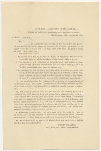 Office of Assistant Commissioner, Bureau of Refugees, Freedmen and Abandoned Lands, Montgomery, Ala. August 30, 1865. General order no. 12. [orders regarding labor contracts with Freedmen; Freedmen vagrants may be set to work on roads or any other labor by the county or municipal authority]