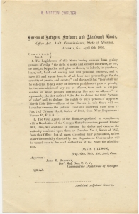 Bureau of Refugees, Freedmen and Abandoned Lands, Office Act. Ass't. Commissioner, State of Georgia, Augusta, Ga. Circular no. 4. persons of color the right to make and enforce contracts, to sue, be sued, give evidence, to inherit, to purchase, lease, sell, hold and convey real and personal property...