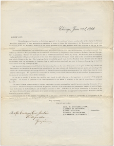 Chicago, June 22d, 1866. Dear Sir: The undersigned, a Committee on Invitation ....Douglas Monument Association to make appropriate arrangements for the laying of the corner-stone of the Monument to be erected over the remains of Stephen A. Douglas...