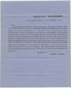 Executive Department, Milledgeville, 1st September, 1866. Sir: Enclosed please find the President's warrant of pardon and black letter of acceptance... Charles J. Jenkins