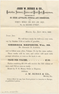Prospectus for vol. 32 of Georgia Reports by George N. Lester published by J.W. Burke & Co., Macon GA