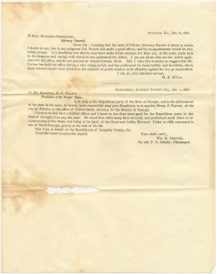 Atlanta, GA., Jan. 8, 1876. To Hon. Edwards Pierrepont, Attorney General, Dear Sir: Learning that the term of District Attorney Farrow is about to expire ... H.K. M'Cay