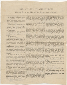 Col. Wolff's tramp speech [on the tramp bill and use of the word vagrant]. Having been one himself he speaks in his behalf. From Jackson State Ledger, Feb, 10