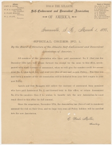 Office on the Atlantic self-endowment and benevolent association of America. Greenville, SC, March 1, 1886. Special order no. 1 ... E. Wade Miller, secretary