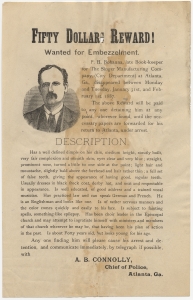 Fifty dollars reward! Wanted for embezzlement. P.H. Bohanna, late book-keeper for the Singer Manufacturing Company in Atlanta, Ga. ... [includes description]