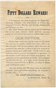 Fifty dollars reward! P.H. Bohanna, late book-keeper for th Singer Manufacturing Company
