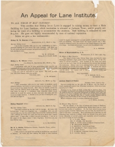 An appeal for Lane Institute. ... This certifies that Bishop Isaac Lane is engaged in raising money to erect a Main Building for Lane Institute