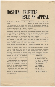 Hospital trustees issue an appeal. To the citizens of Athens and Clarke County: .... Appeal is therefore made to all philanthropic citizens for interest in the hospital movement