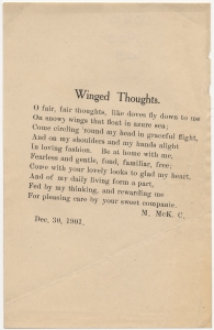 Winged thoughts. O fair, fair thoughts, like doves fly down to me ... M McK. C. [Mary McKinley Cobb]