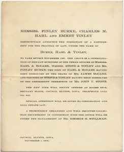 Messrs. Finley Burke, Charles M. Harl and Emmet Tinley ... announce the formation of ... Burke, Harl, & Tinley