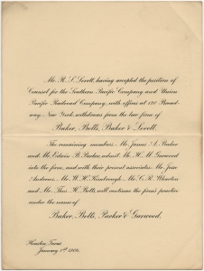 Mr. R. L. Lovett, having accepted the position of Counsel for the Southern Pacific Company ... withdraws from the law firm of Baker, Botts, Baker & Lovett ...
