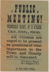 Public meeting, Wednesday night at 8 o'clock, October 10th ... R. W. Moore, Mayor