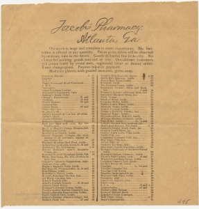Jacob's Pharmacy. Atlanta, Ga. Our stock is large and complete ... Prices given below ...