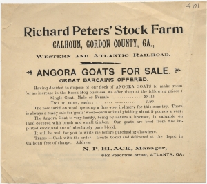 Richard Peter's stock farm Calhoun, Gordon county, Ga., ... angora goats for sale .... N.P. Black, manager, ... Atlanta, Ga.