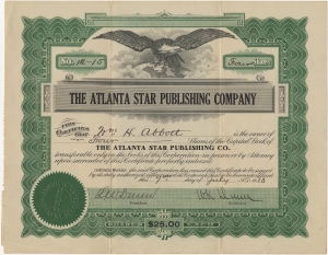 The Atlanta Star Publishing Company. No. [12-15] [Four] shares. This certifies that [Mm. H. Abbott] is the owner of [four] shares of the capital stock of The Atlanta Star Publishing Co ...