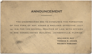 Announcement... Formation of the firm of Kay, Adams, & Ragland