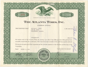 Atlanta Times, Inc. Common Stock. [certificate]