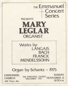 The Emmanuel concert series presents Mary Leglar, organist ... Emmanuel Church 498 Prince Avenue