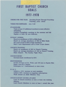 First Baptist church goals 1977-1978. Theme for year: Reaching people through preaching-teaching Jesus Christ ...