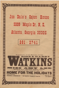 Joe Dale's Cajun House. 3209 Maple Dr. N.E. Atlanta, Georgia [Menu]