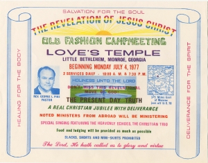 Salvation for the soul. The Revelation of Jesus Christ. Old fashion camp meeting. Love's temple. Little Bethlehem, Monroe, Georgia