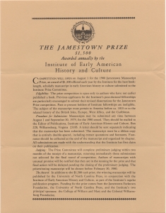The Jamestown prize $1,500 awarded annually by the Institute of early American history and culture