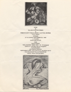 Work by William Stanton Forbes at Rabun County Public Library, Clayton, Georgia U.S.A. 30525 ... opening 3 p.m. Sunday September 28. 1980 ... 4-6 weeks ... Everyone invited