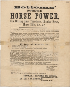 Bottoms' improved horsepower for driving gins, threshers, circular saws, horse mills, & c & c ... Thomas J. Bottoms, the inventor, Thomasville, Ga.