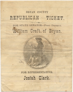 Bryan County Republican Ticket. For state senator- First District. William Craft, of Bryan. For representative. Josiah Clark