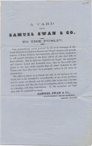 A card from Samuel Swan & Co. to the public... our Lotteries are Legal... Samuel Swan & Co., Lottery Managers