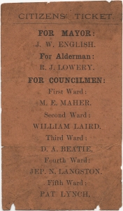 Citizen's ticket. For mayor: J.W. English. For alderman: R.J. Lowery. For councilmen ...