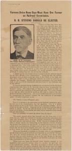 Farmers Union News says must have one farmer on Railroad Commission. O.B. Stevens should be elected