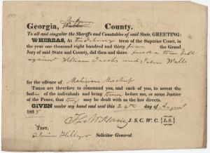 Warrant for Malicious Mischief, Jackson County, The State vs. William Jacobs and John Walls