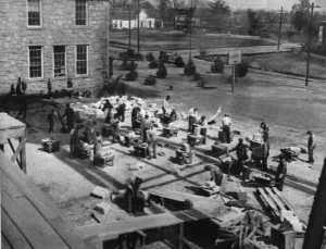 Stone Mountain High school gymnasium. Showing stone cutters