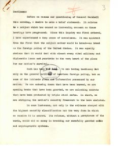 Remarks from Senator Russell to the Committees on Armed Services and Foreign Relations before Secretary of Defense Marshall's testimony
