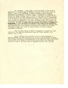 Request to the Chairman that copies of testimony from General Bradley, General MacArthur, and Secretary Marshall be given to the Joint Chiefs of Staff