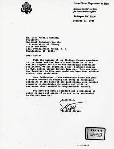 Exhibit EA-42: Letter from Abrams to Channell, Passage of The Skelton-Edwards Amendment and Aid to Nicaragua