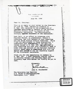 Exhibit DTR-32: Letter, John Poindexter to Lee Hamilton, Administration's Position On H. Res. 485