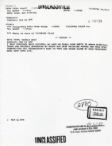 Exhibit DTR-55: Forwarded PROF Note from Harold West Concerning the Lack of Memoranda Between Oliver North and Donald Regan